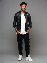 Black Leather With Band Neck Biker Jacket