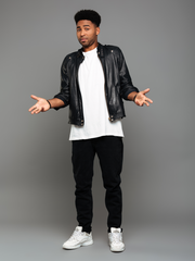 Black Leather With Band Neck Biker Jacket