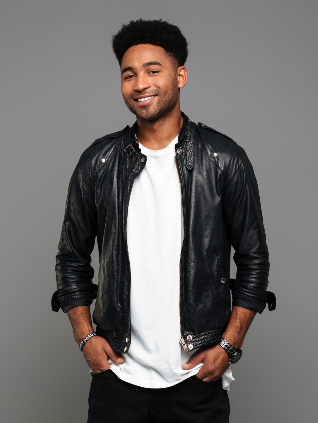 Black Leather With Band Neck Biker Jacket